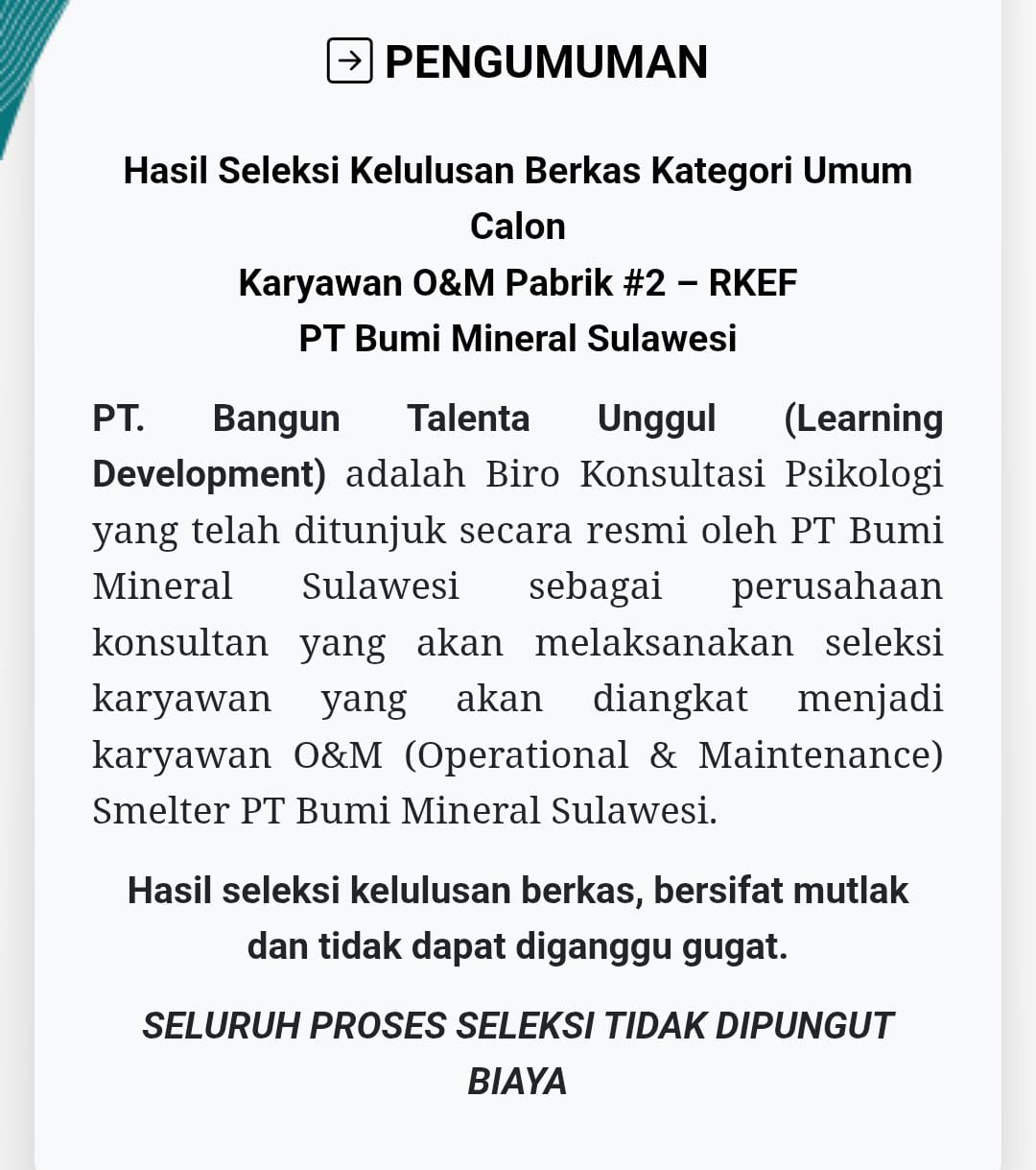 PT BMS Siapkan Tes Tahap Kedua untuk Calon Karyawan Pabrik RKEF