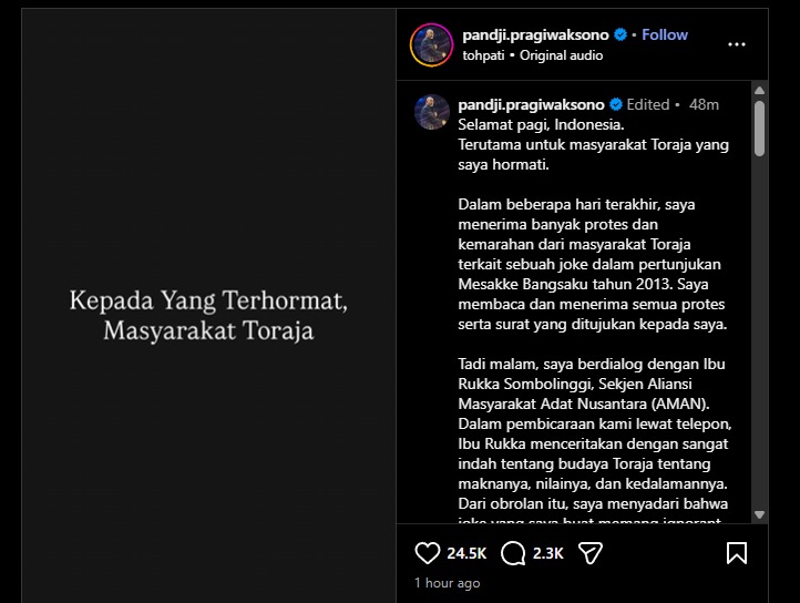 Pandji Pragiwaksono Minta Maaf ke Masyarakat Toraja