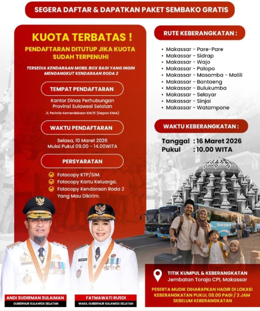 Kabar Gembira! Pemprov Sulsel Siapkan Kuota Mudik Gratis Aman Berbagi Harapan