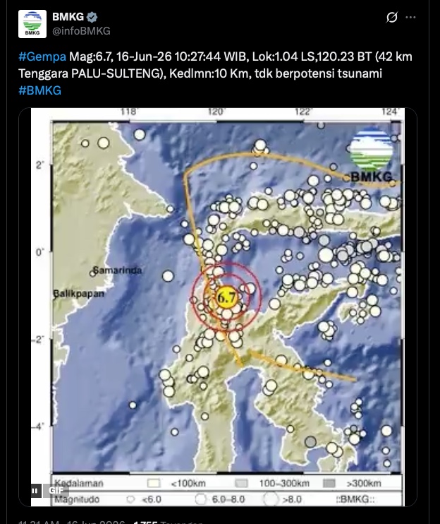 BREAKING NEWS: Gempa M 6,7 Guncang Palu, Getaran Terasa Jelas hingga Kota Palopo