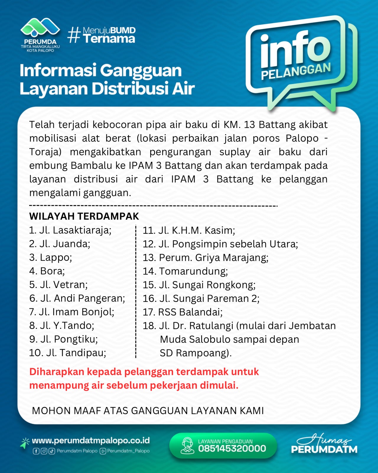 Kebocoran Pipa Baku Ganggu Distribusi Air di Sejumlah Wilayah Palopo