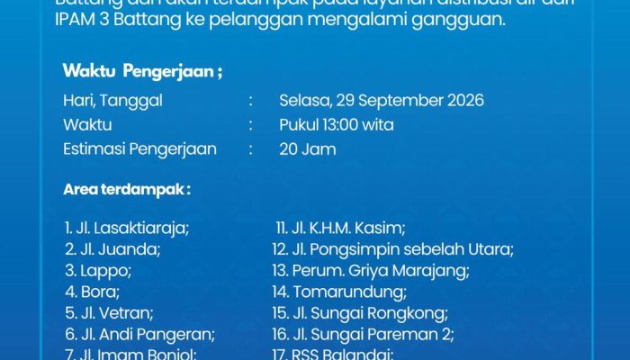 Perumda TM Umumkan Gangguan Distribusi Air, Ini Daerah Terdampak