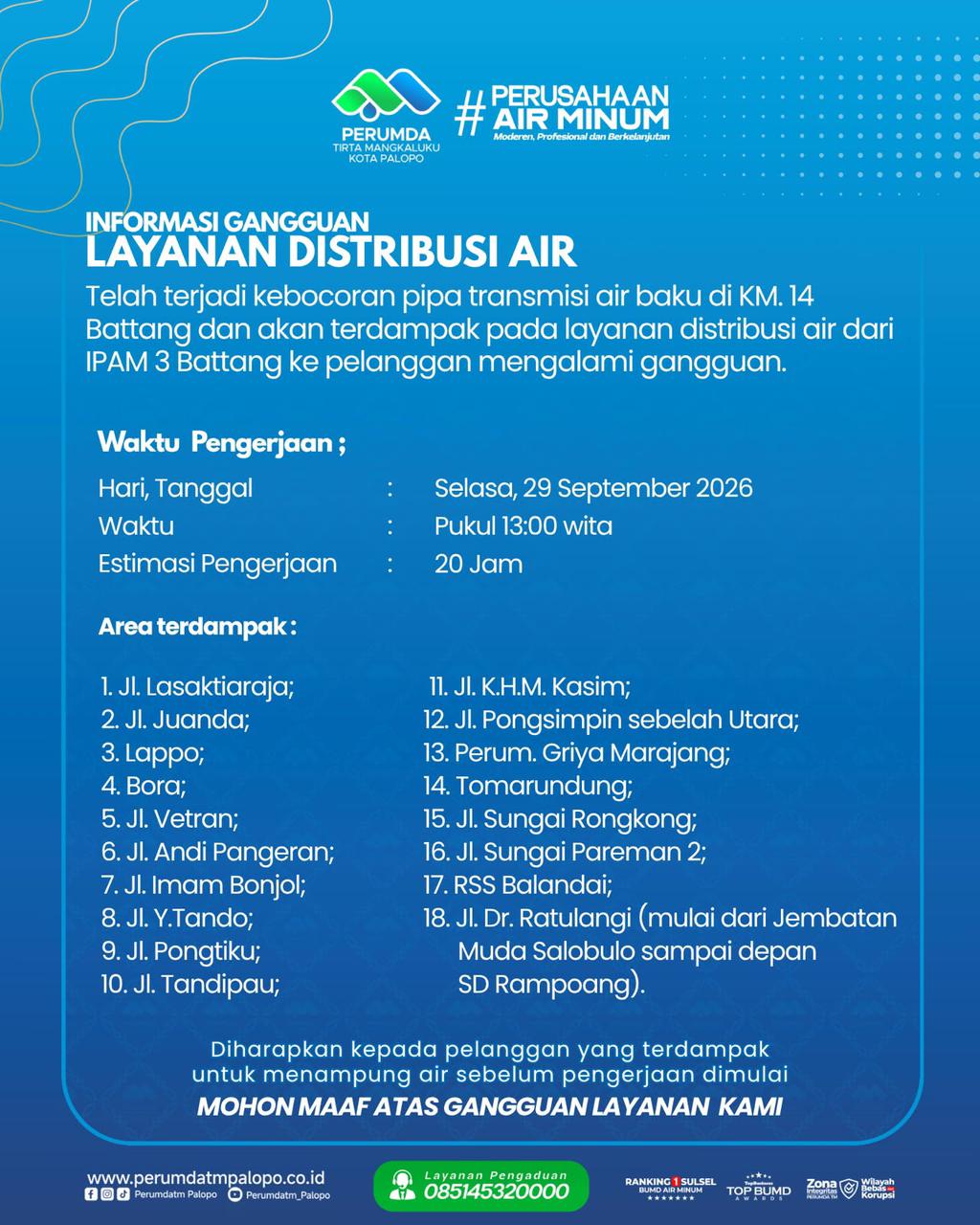 Perumda TM Umumkan Gangguan Distribusi Air, Ini Daerah Terdampak